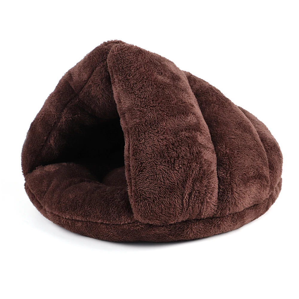 Plush igloo cat bed in chocolate colour displayed on a white background.