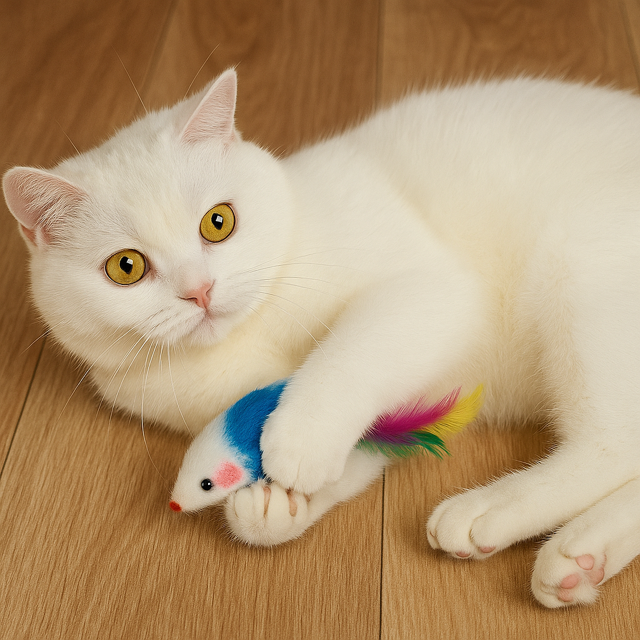 White cat is playing with an interactive cat mouse toy with feather tail.