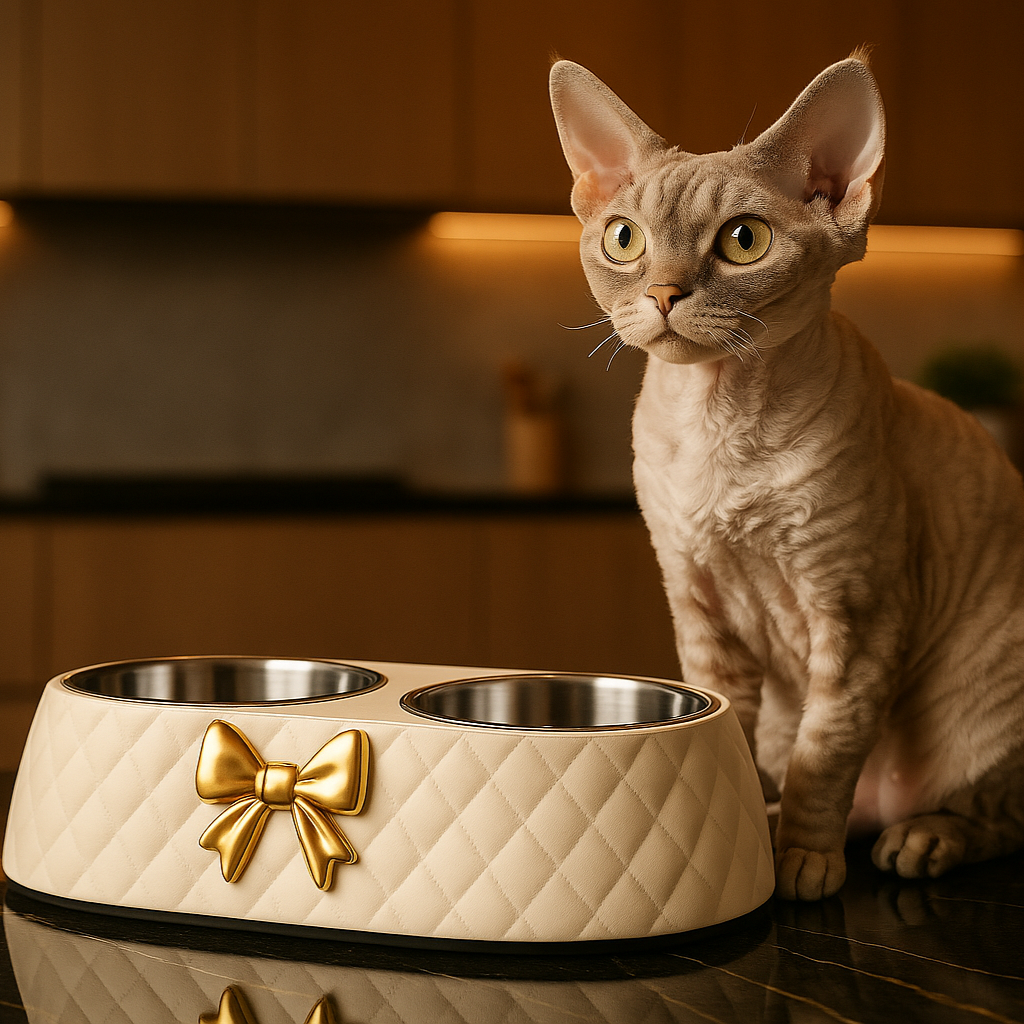 White stainless steel feeding cat bowl displayed on a marble kitchen bench with a Devon Rex cat sitting next to it.
