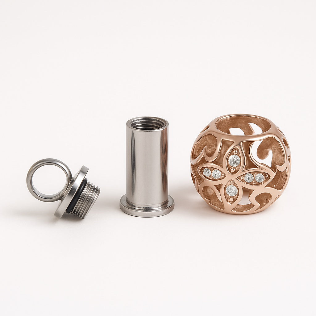 Rose gold cremation urn pendant for pet ashes; a heartfelt gift for those who grieve their pet.