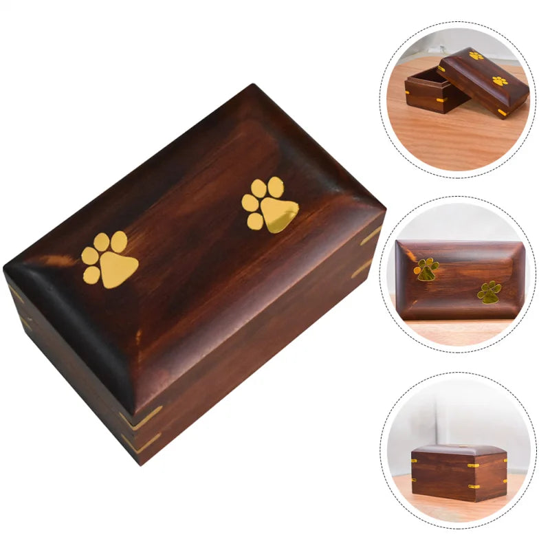 Handcrafted wooden pet cremation urn with engraved paw prints displayed on a white background along with top and a side views.