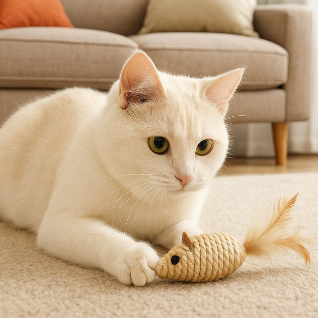 White cat playing with mouse toy in a living room.
