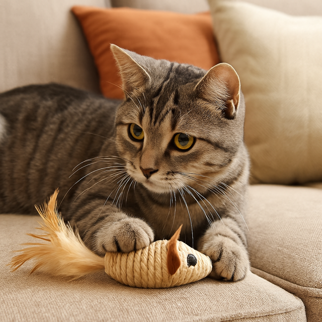 Tabby cat playing with a sisal mouse toy on a couch in a living room.