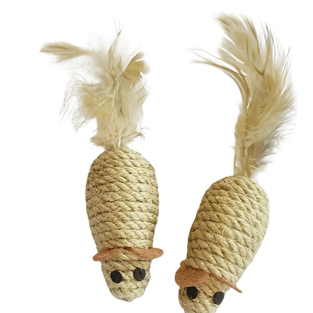 two sisal mouse toys with feather tails displayed on a white background.
