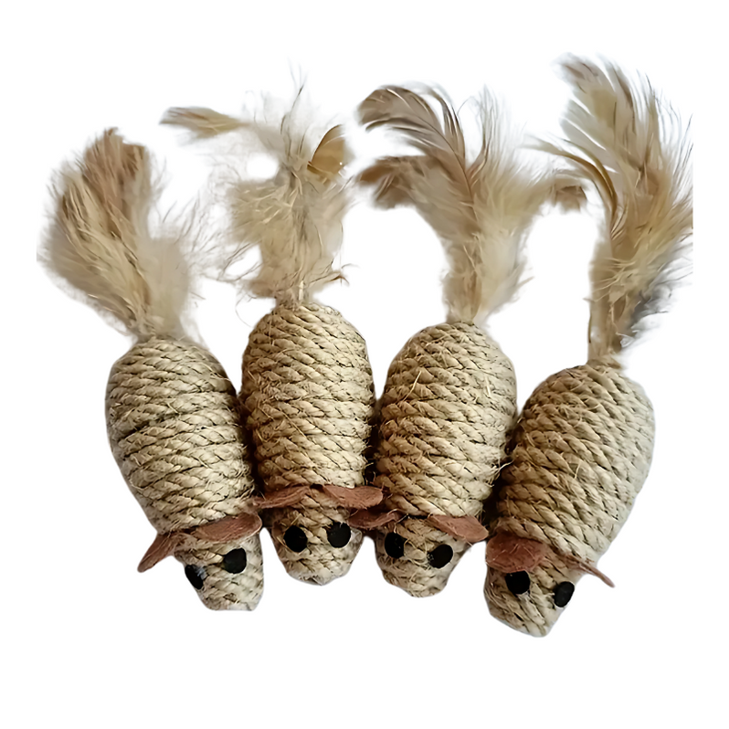 Four sisal mouse toys displayed on a white background.