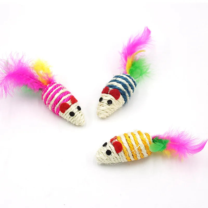 Three colourful toy mice for cats with red ears and feather tails displayed on a white beckround.