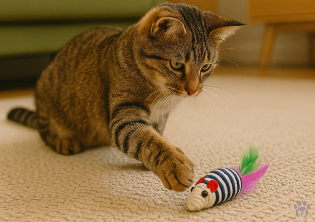 Tabby cat playing with a colourful mouse toy made from sisal rope.