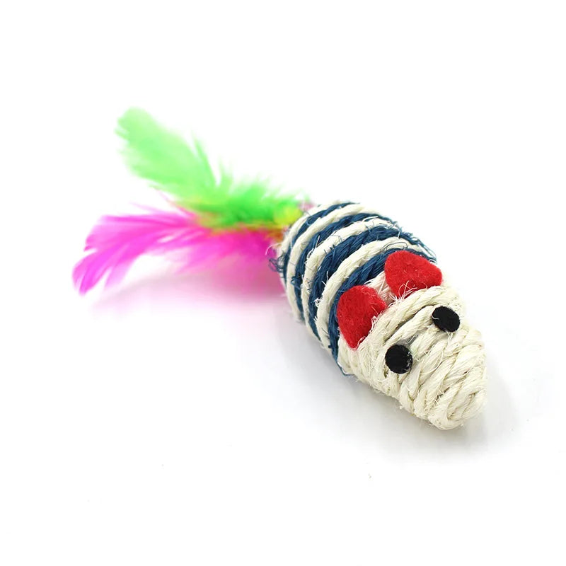 A colourful sisal mouse with red ears and feather tail displayed on a white background.