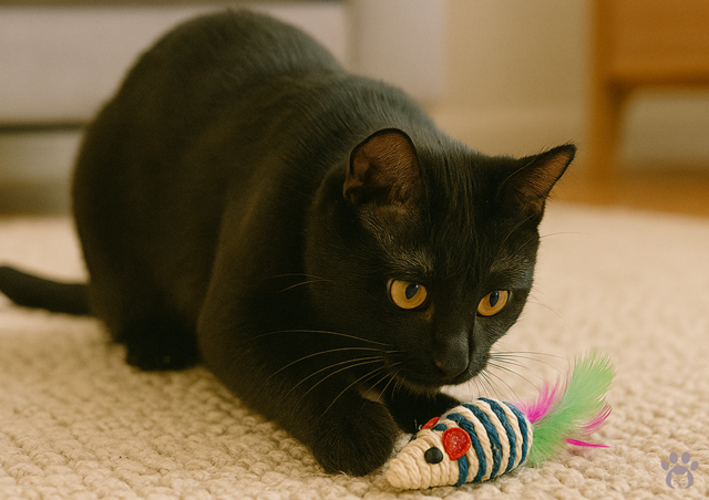Black cat playing with a colourful mouse toy with feathers.