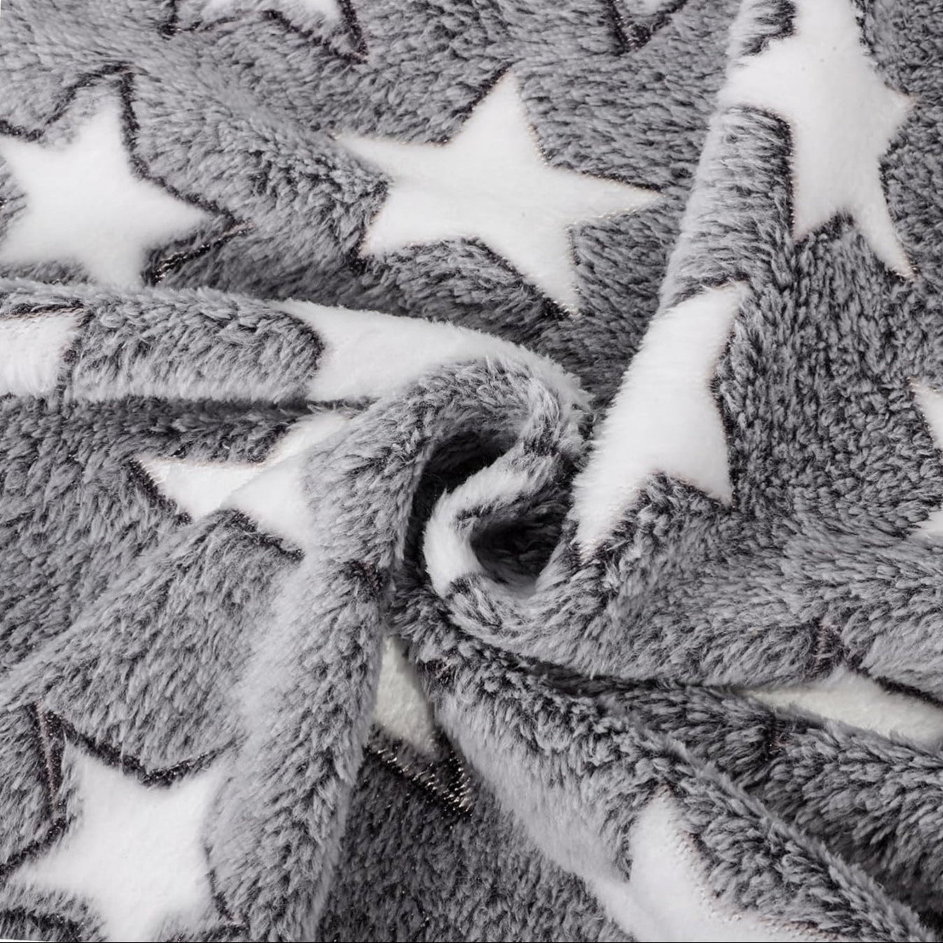 Stardust Grey coral fleece cat blanket with white star pattern - soft blanket for cats; closeup of the material.