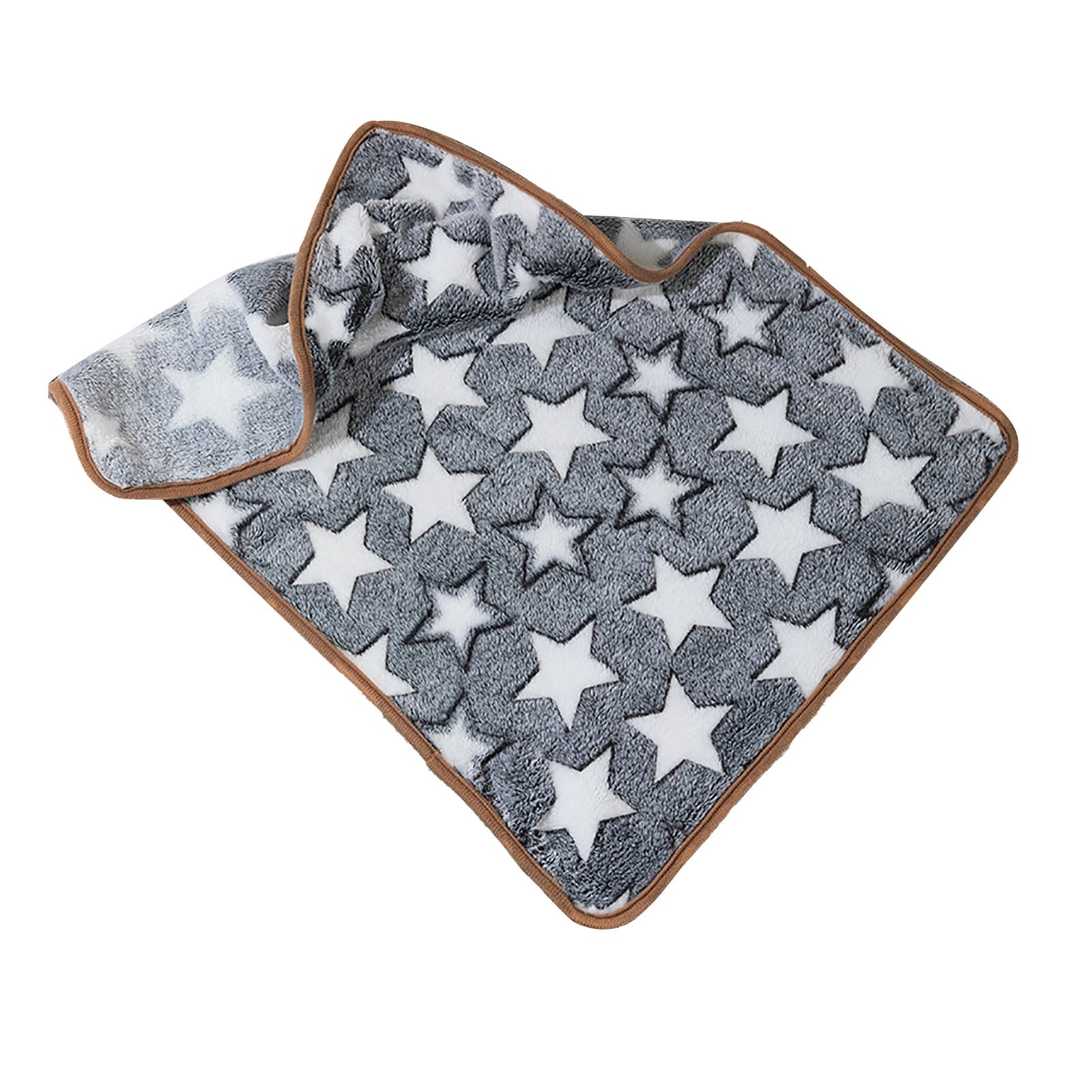 Stardust Grey coral fleece cat blanket with white star pattern and brown trim - soft blanket for cats on white background.