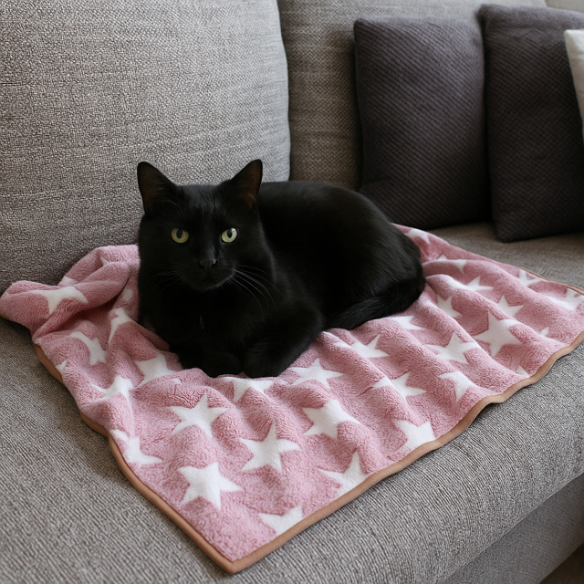 Black cat sitting on Stardust Pink coral fleece cat blanket with white star pattern, thrown on grey sofa - soft blanket for cats.