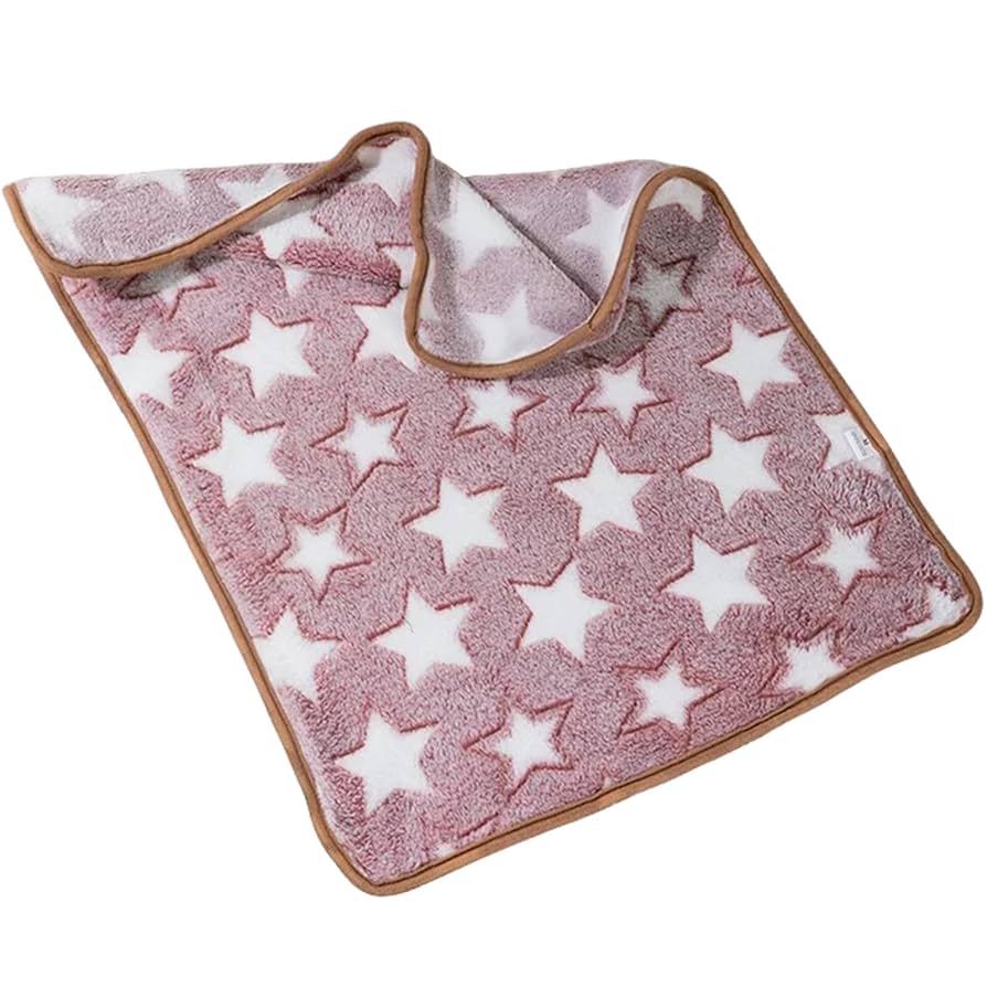 Stardust Pink coral fleece cat blanket with white star pattern and brown trim - soft blanket for cats on white background.