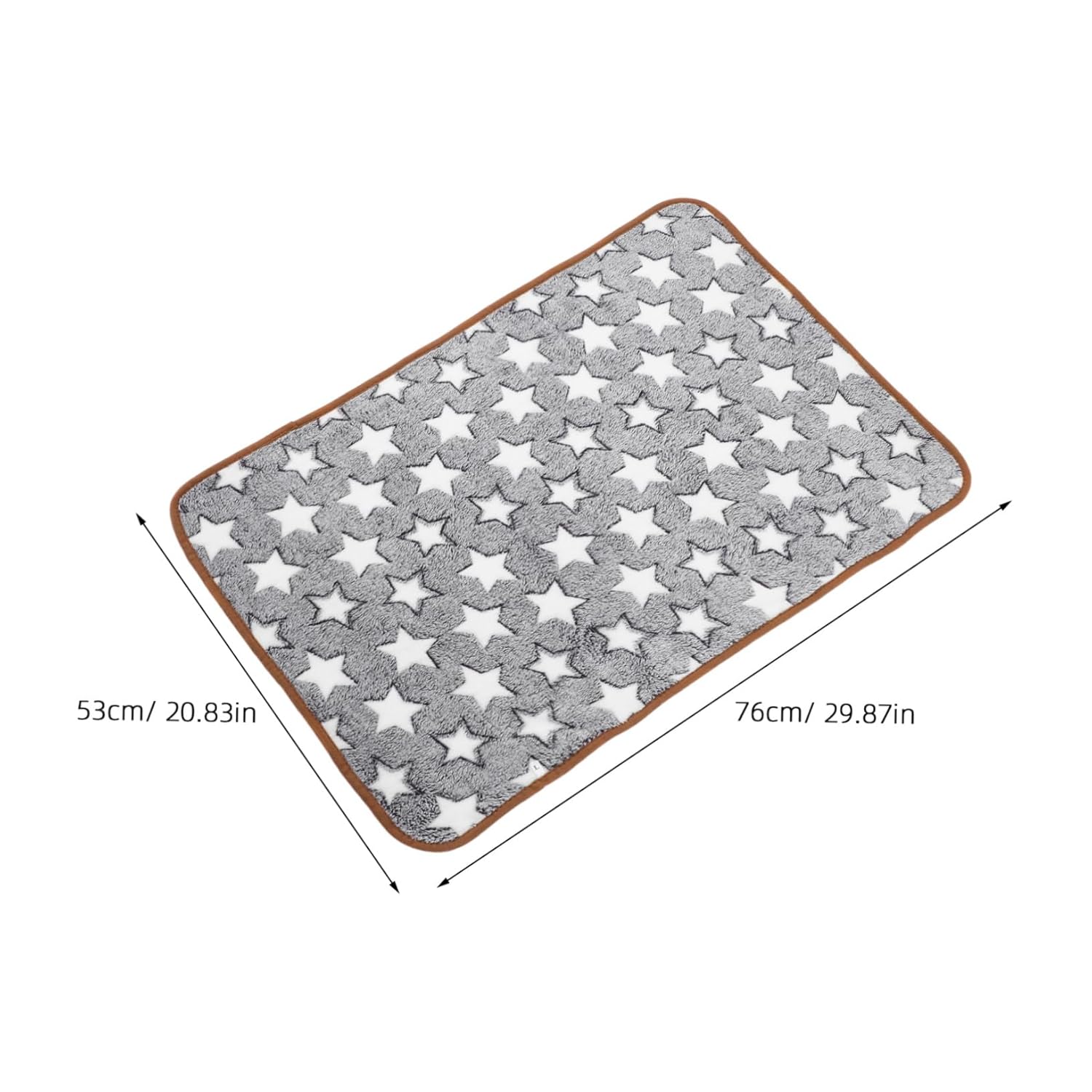 Stardust Grey coral fleece cat blanket with white star pattern and brown trim - soft blanket for cats on white background with measurements.