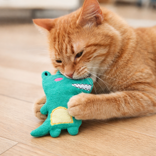 Orange cat playing with a green plush toy on a wooden floor