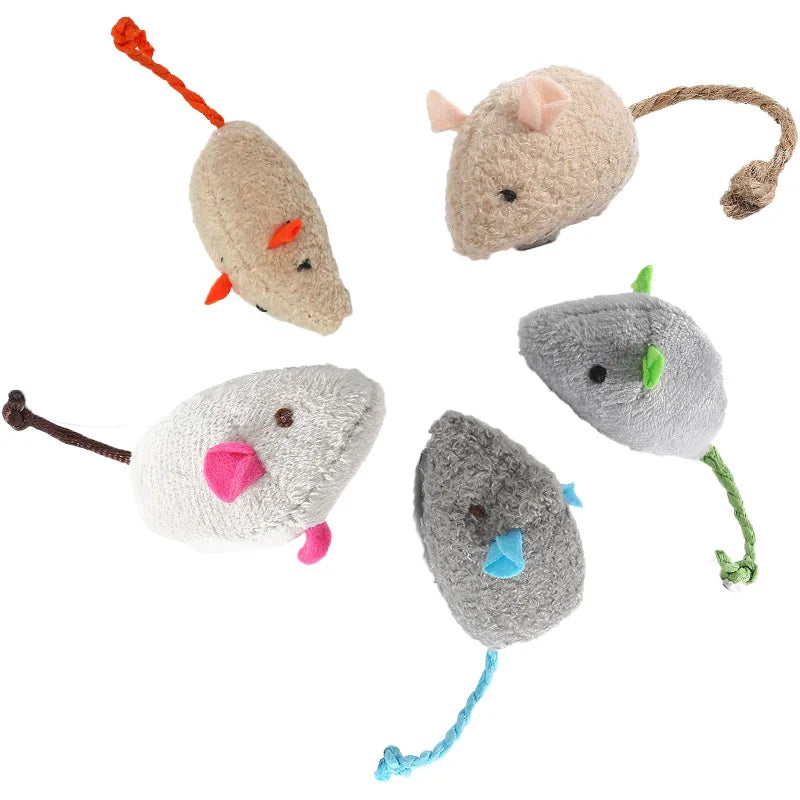 Set of five plush mouse toys for cats with colourful tails on a white background