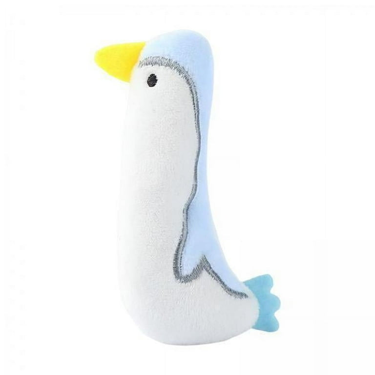 Soft toy for cats shaped like a penguin with a blue body and yellow beak on a white background