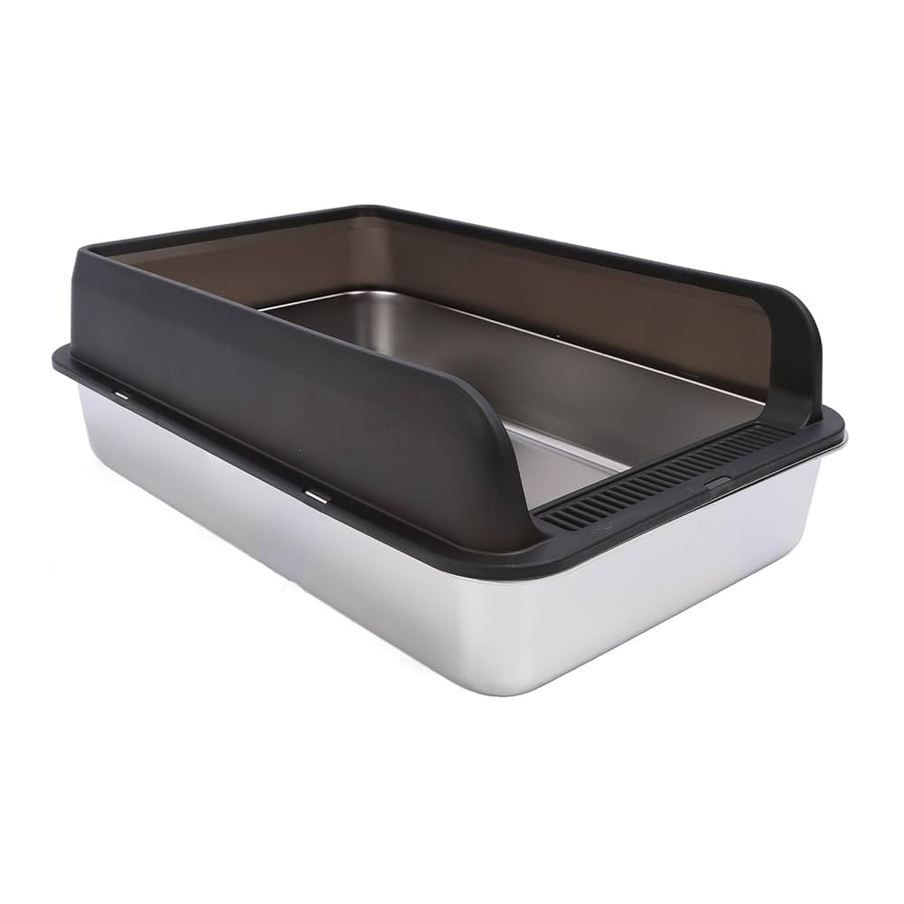 Premium stainless steel cat litter box with black enclosure displayed on a white background.