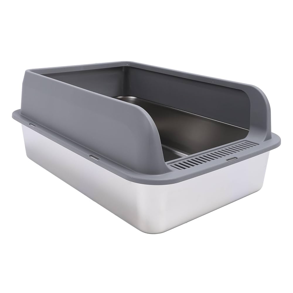 Premium stainless steel cat litter box with a grey enclosure displayed on a white background.
