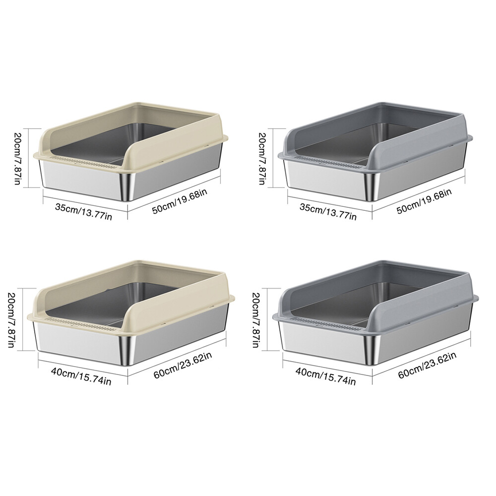 Two variants of a premium stainless steel enclosed cat litter box: white and grey with measurements, displayed on a white background.