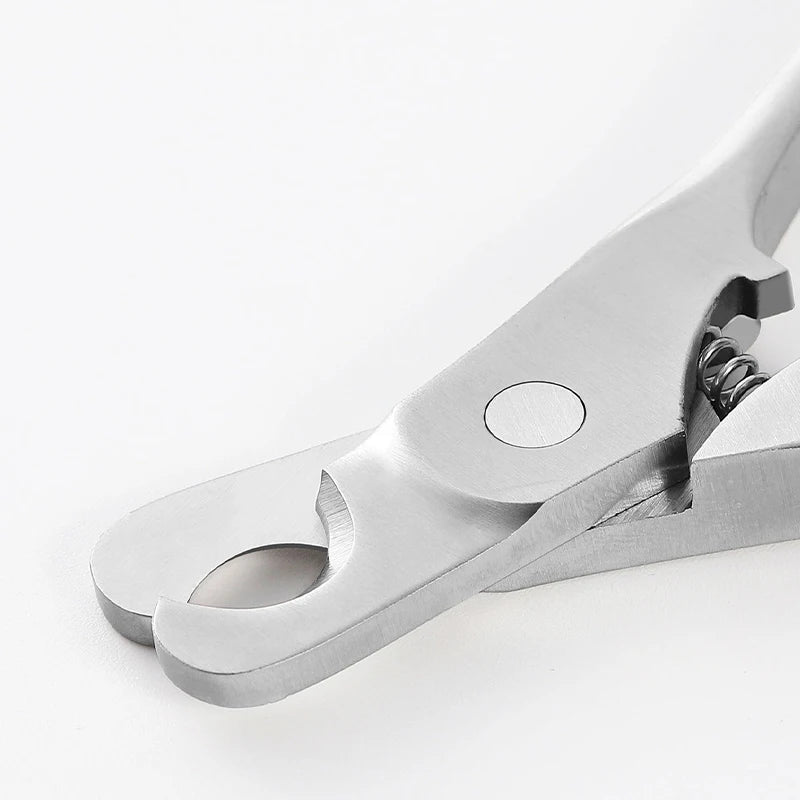 Close-up of the upper part of the stainless steel cat nail clipper, a professional grooming tool for cats made to last years of use.