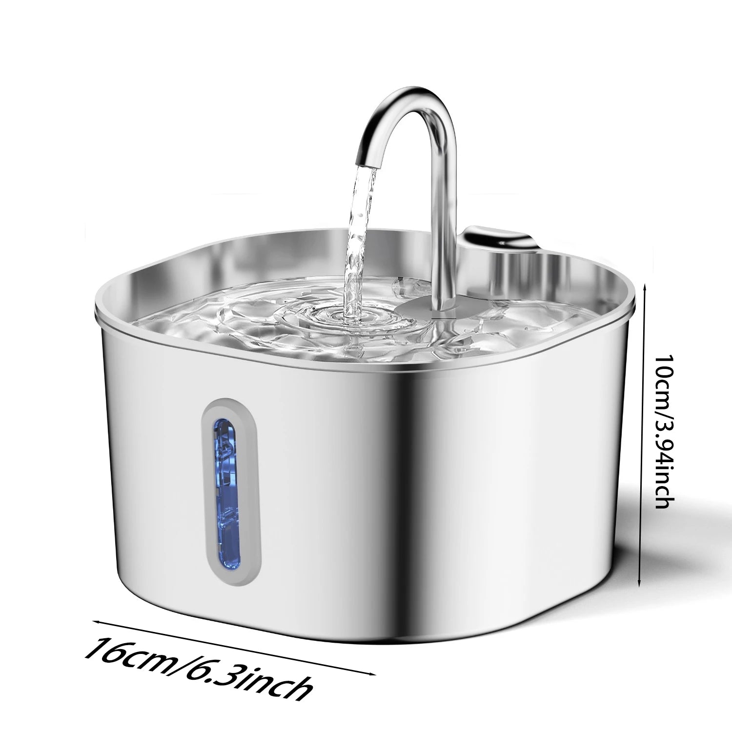 Stainless steel pet water fountain with water flowing, shown on a white background with measurements.