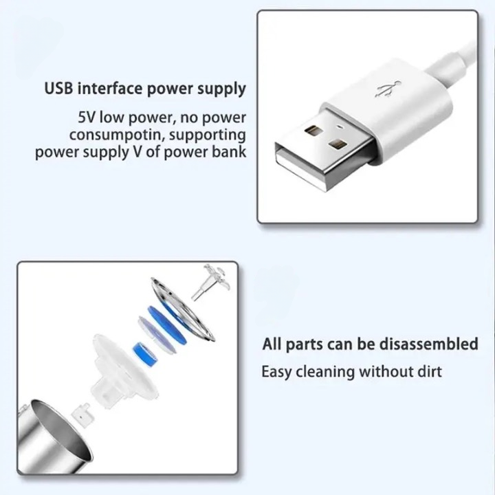USB-powered cat water fountain with disassembled parts showing easy cleaning design and low power consumption