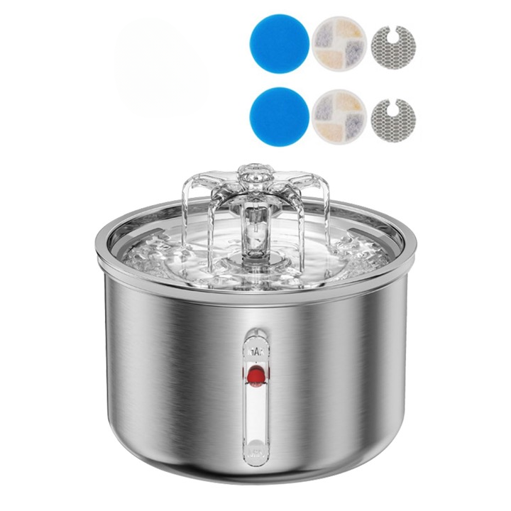 Stainless steel cat water fountain with flower nozzle, displayed with the set of filters.