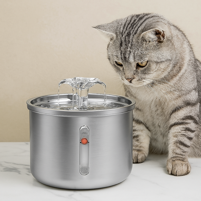 Stainless steel cat water fountain with a flower nozzle, displayed with a grey cat curiously looking at the flowing water.