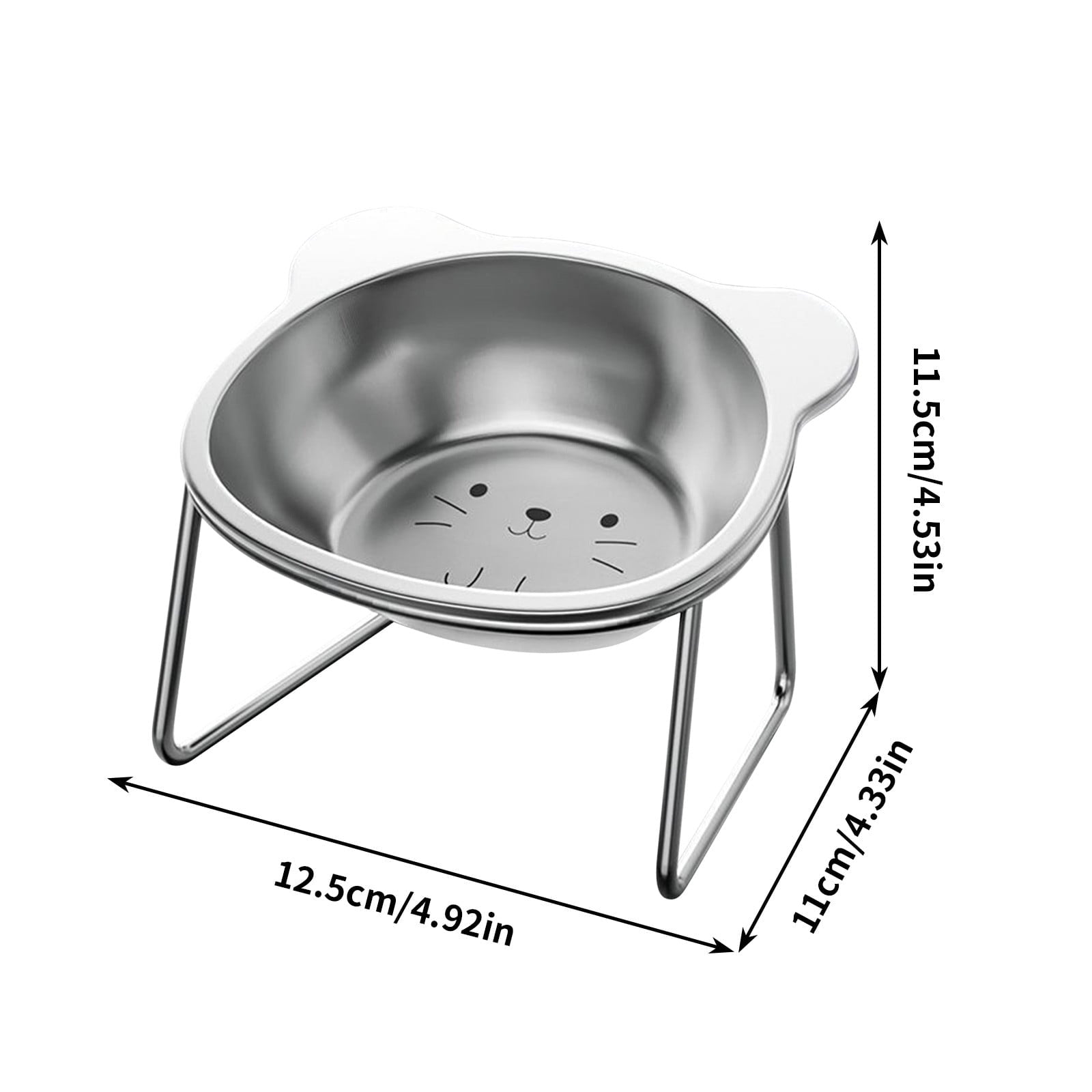 Elevated stainless steel cat bowl with it measurements displayed on a white background.