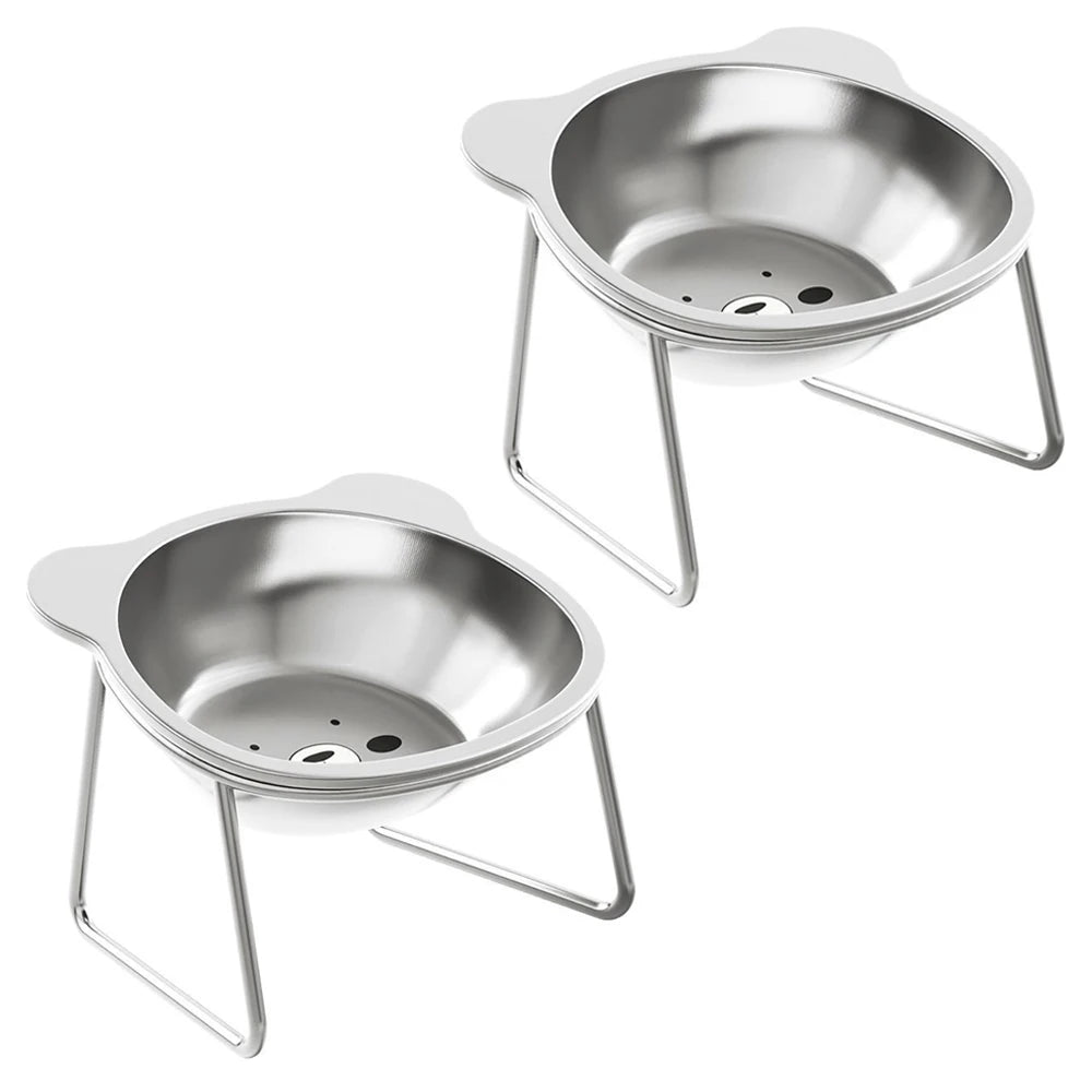 Two stainless steel elevated pet bowls with cute animal-shaped contour displayed on a white background.