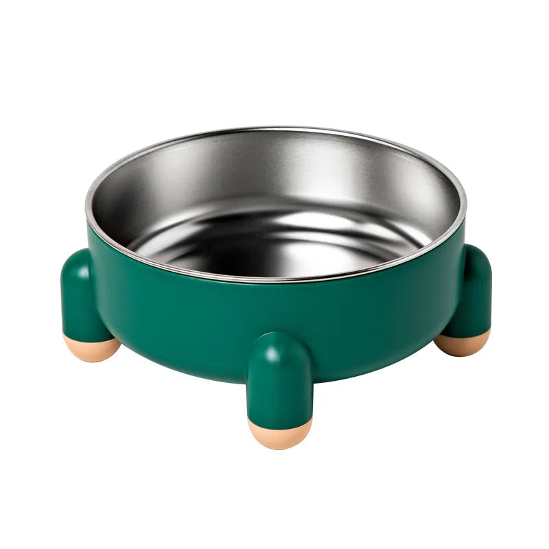 Green stainless steel elevated cat bowl with four legs, displayed on a white background.