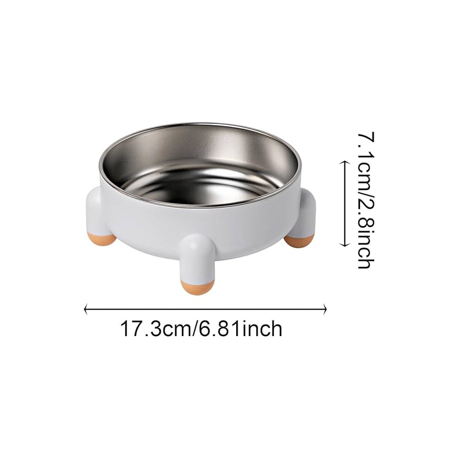 Four legged stainless-steel white cat bowl with measurements displayed on a white background.