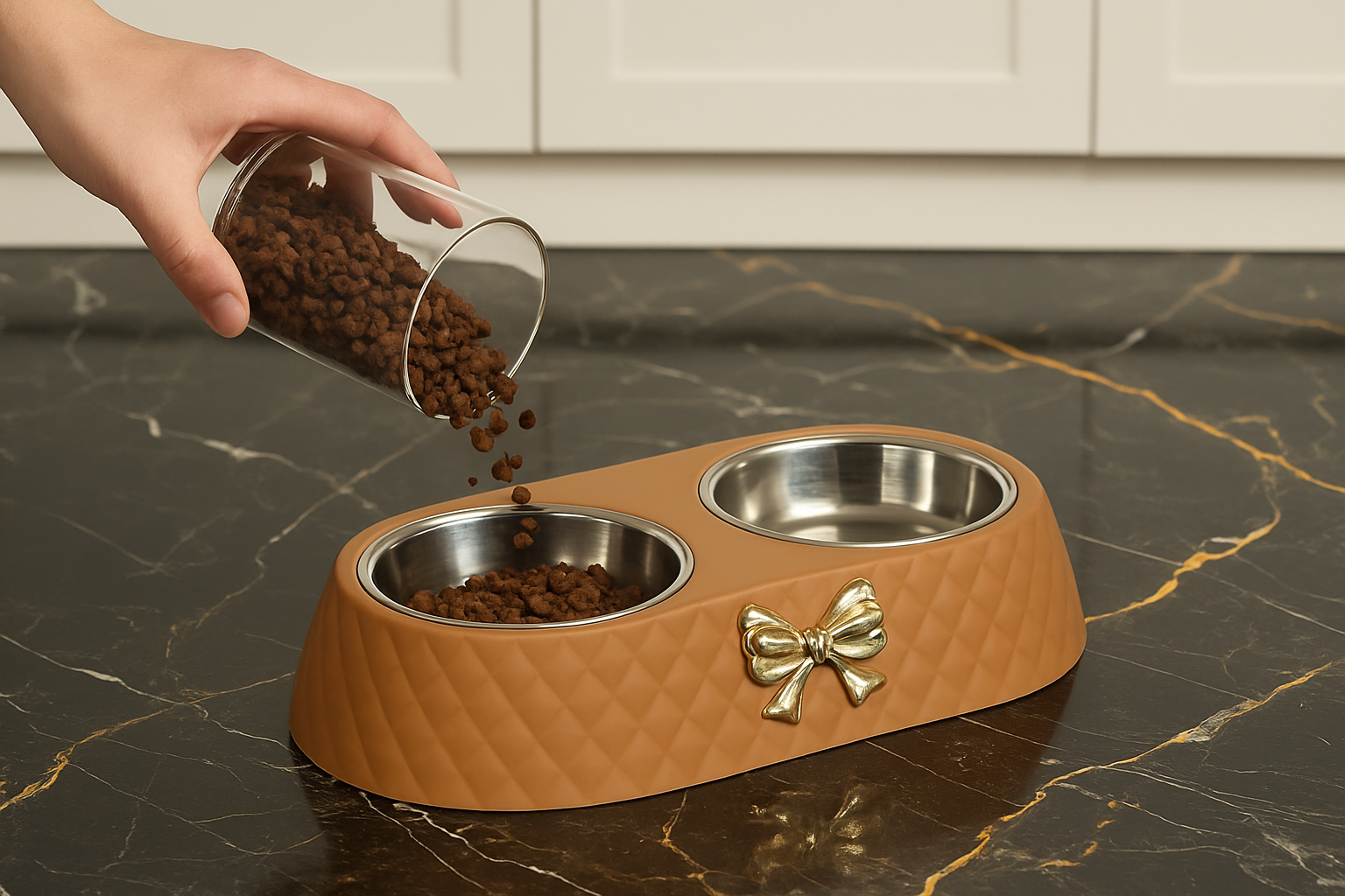 Stylish overhead shot of hand filling cat bowl on marble floor with white cupboards - square format
