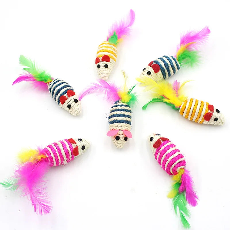 Seven colourful sisal mice toys with feather tails displayed on a white background.