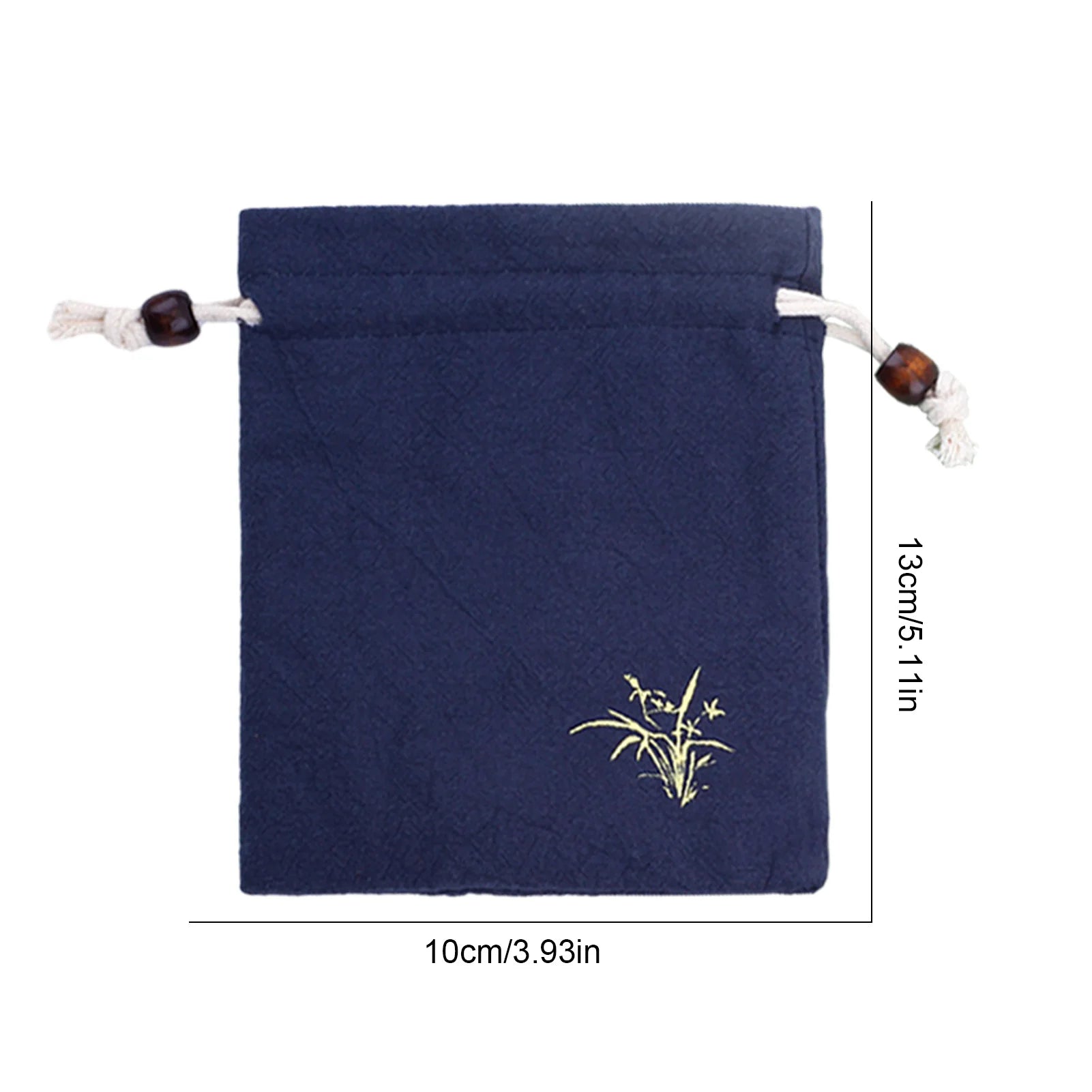 Dark blue velveteen bag for pet ashes with its measurement on a white background.