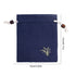 Dark blue velveteen bag for pet ashes with its measurement on a white background.