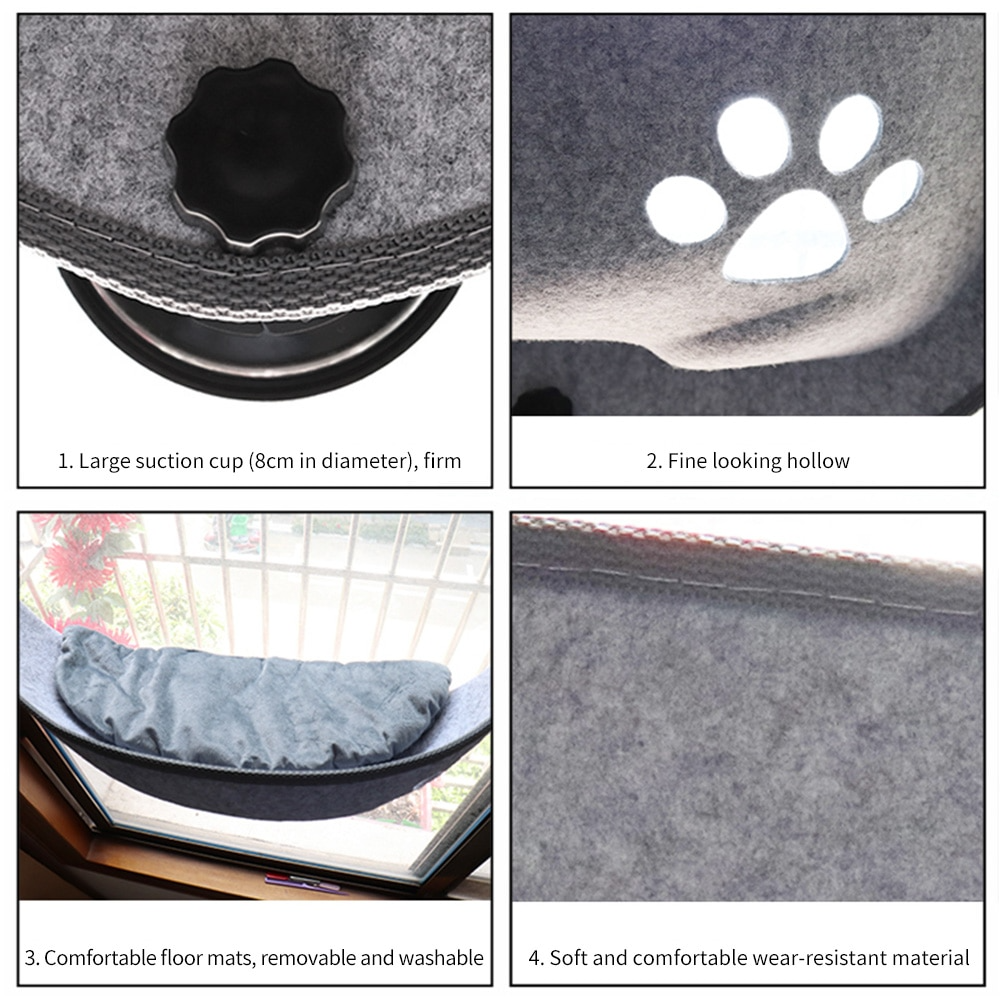Displayed features of a window bed for cats, including large suctions, cozy material, soft cushion and paw print decorative motif.