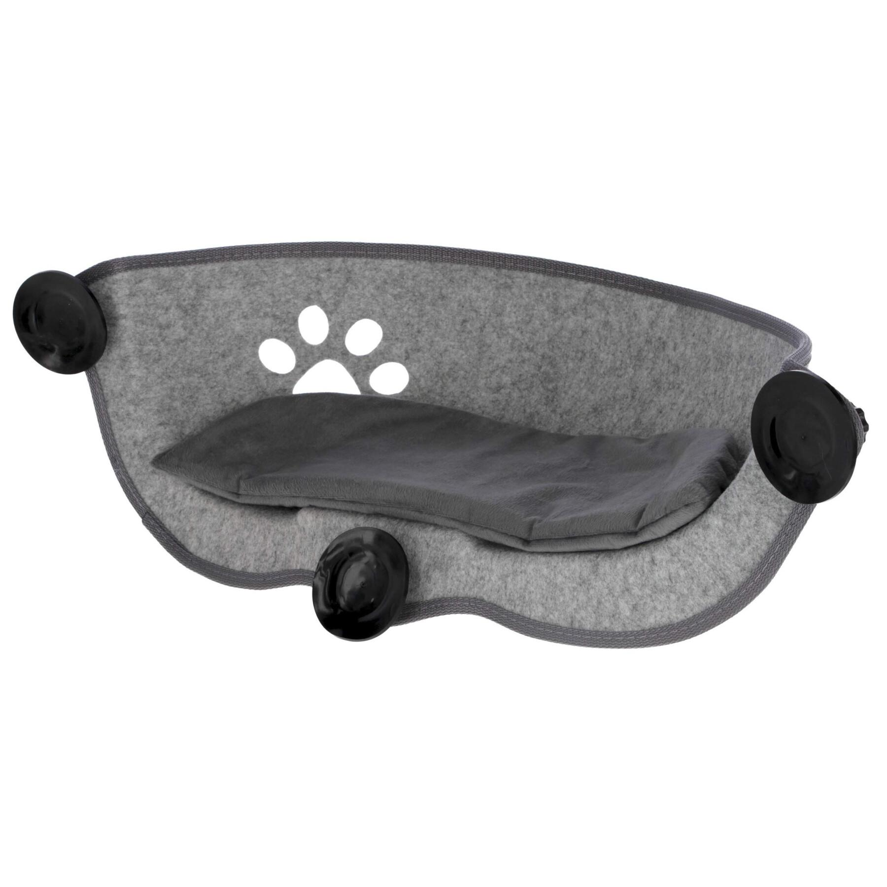 Inside view of the grey felt hammock for cats, showing a soft pillow and suctions attaching cat bed to the window.