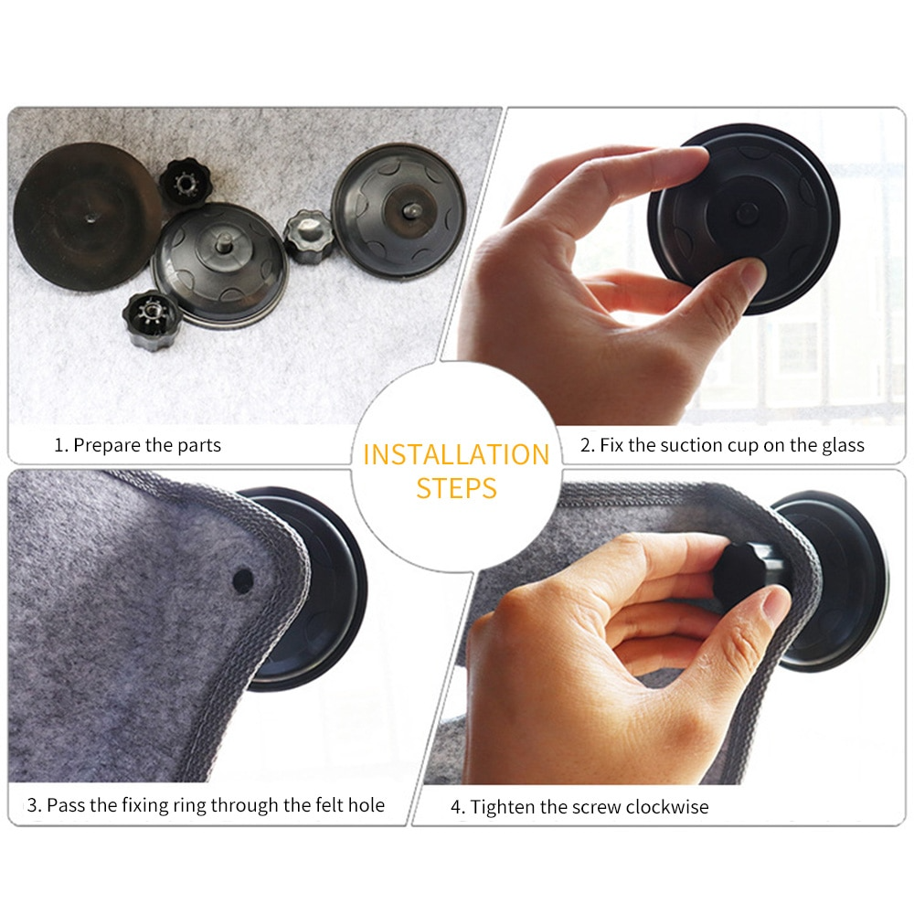 Step-by-step instruction how to instal window bed for cats; including fixing suctions to the glass and attaching the cat felt hammock.