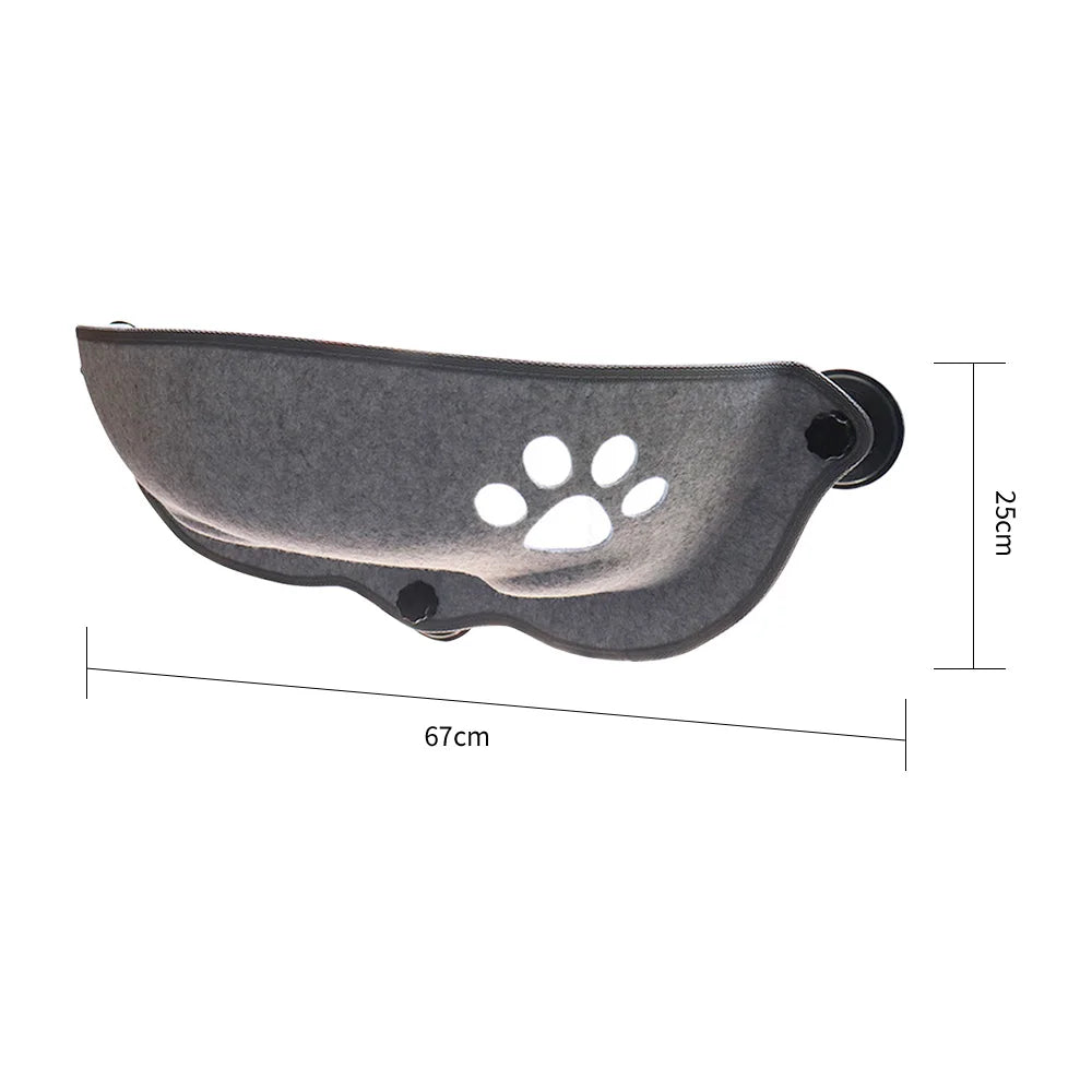 Window bed for cats made with grey felt shown with measurements on a white backrgound.