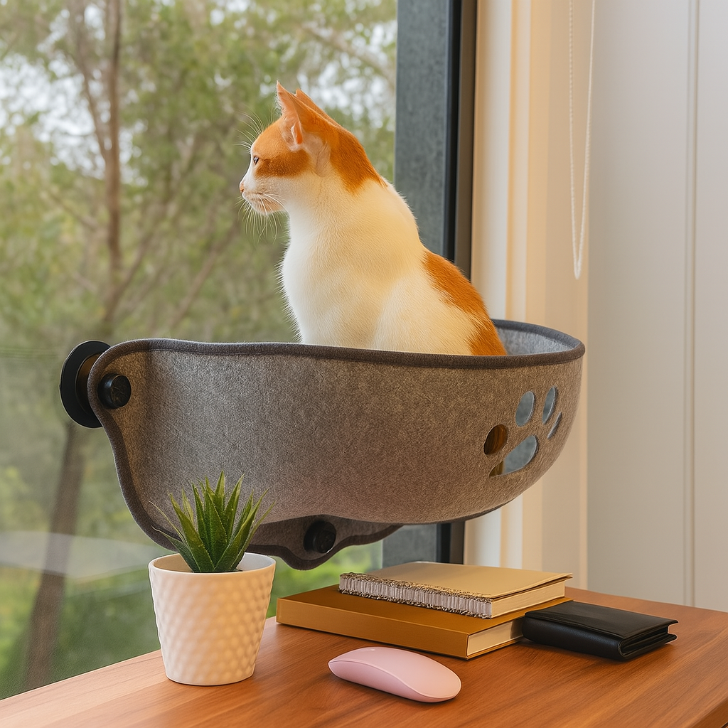 Young white cat sitting inside a soft grey felt hammock attached to the window in a bright room.