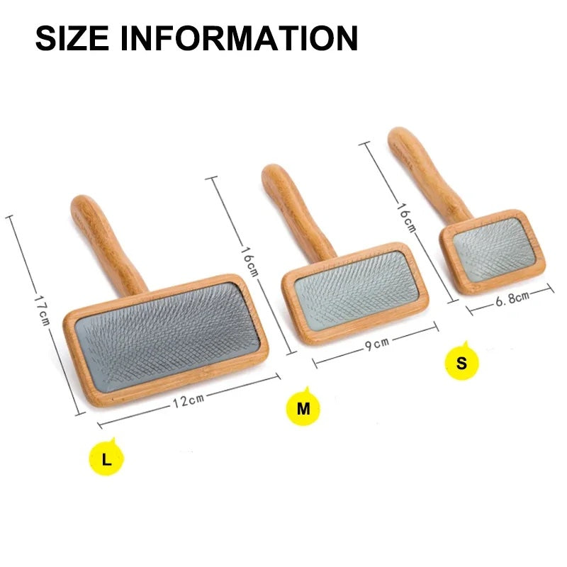Three wooden pet grooming brushes with size labels and measurements on a white background.