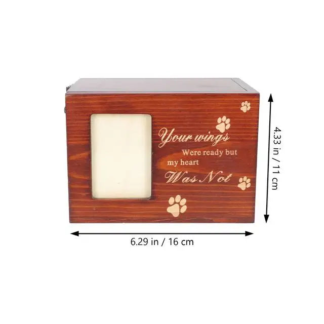 Wooden cremation box for pet ashes displayed with its measurements on a white background.