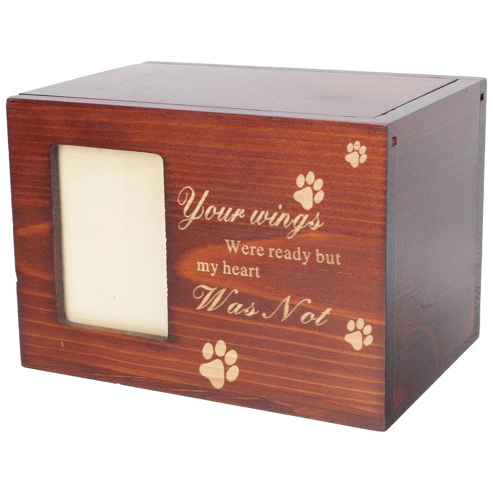 Wooden pet urn with engraved text and paw prints on a white background