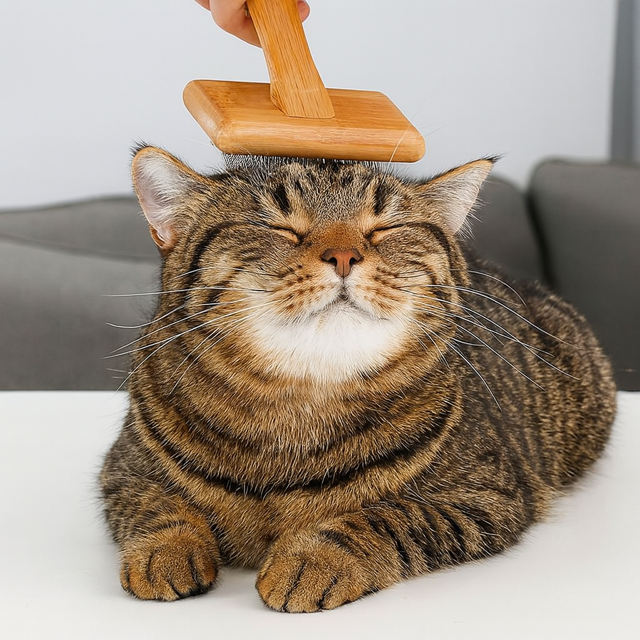 Tabby cat being brushed with a wooden pet grooming brush.