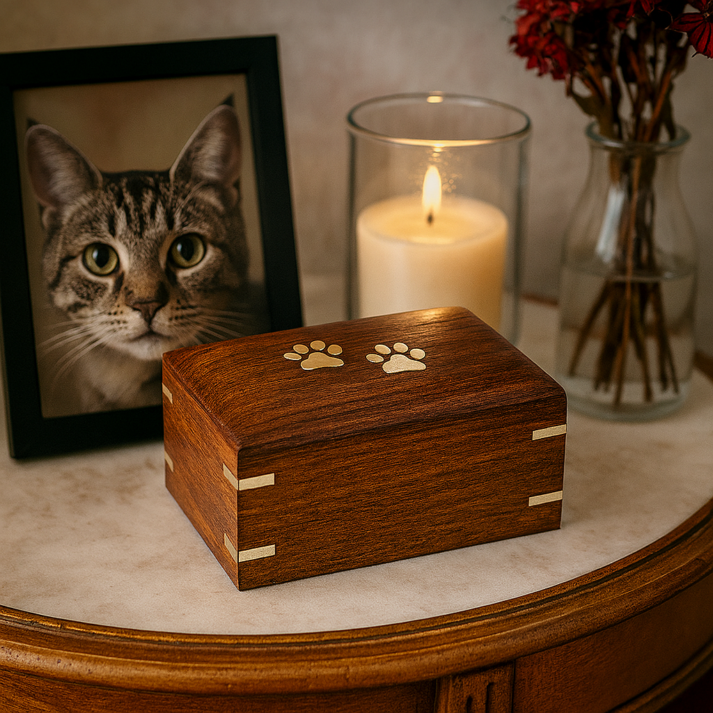 Wooden pet urn with paw prints on a marble table next to a photo of a cat, candle, and vase.