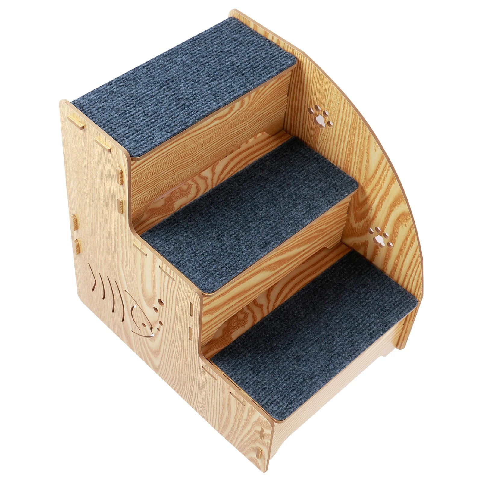 Wooden pet ladder with steps covered with carpet material displayed on a white background.