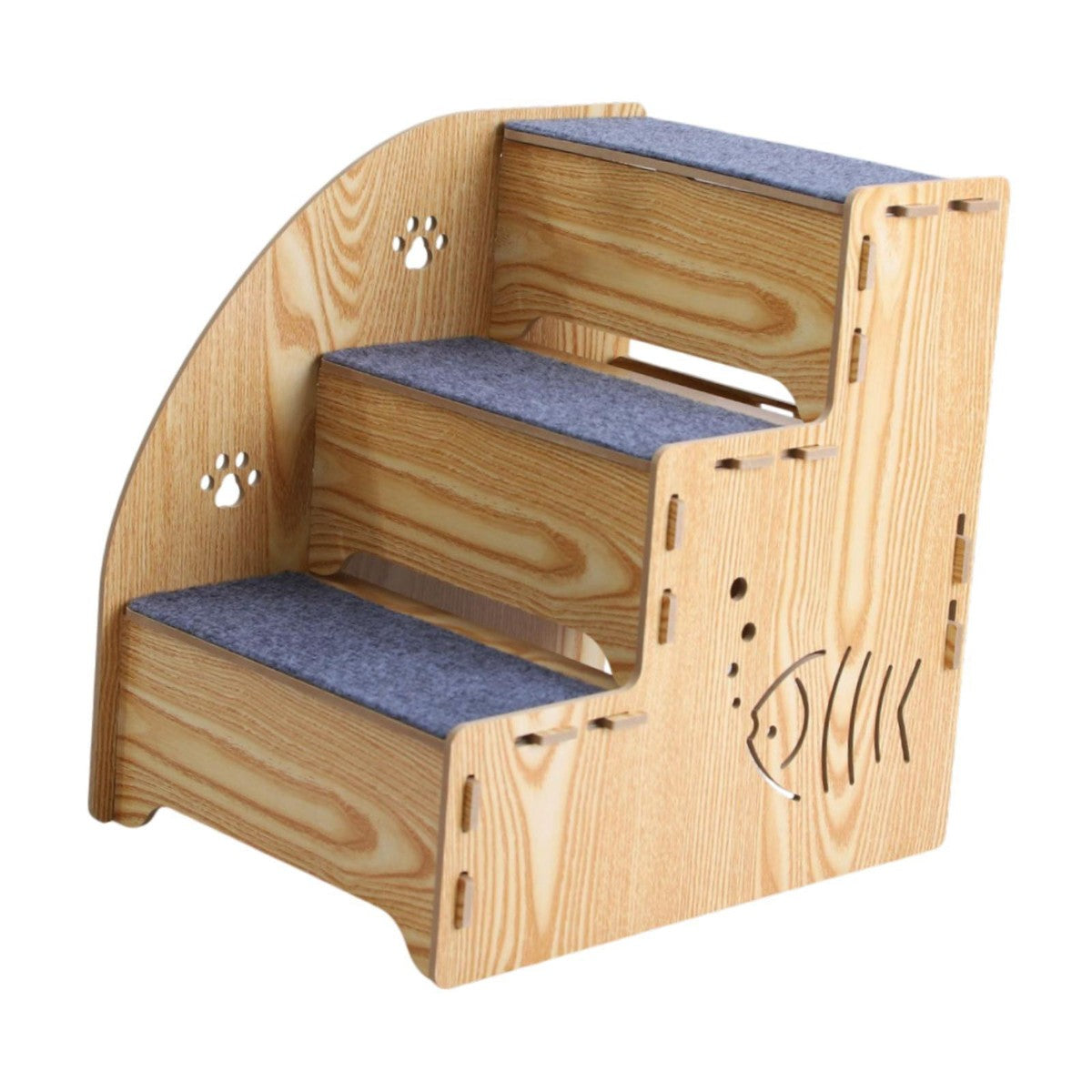 Wooden pet stairs with steps covered with carpet material, and engraved paw prints displayed on a white background.