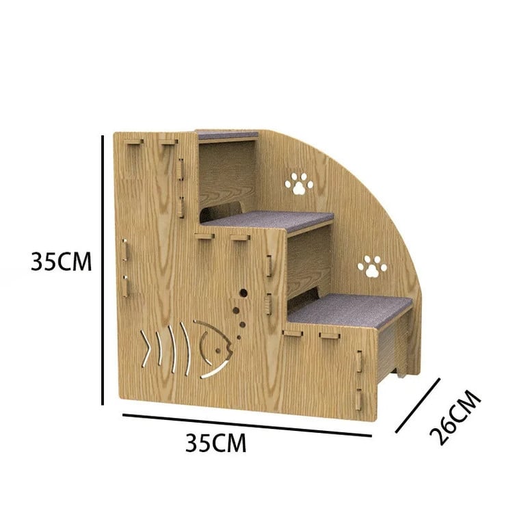 Wooden pet ladder for cats and small dogs displayed with its measurements on a white background.